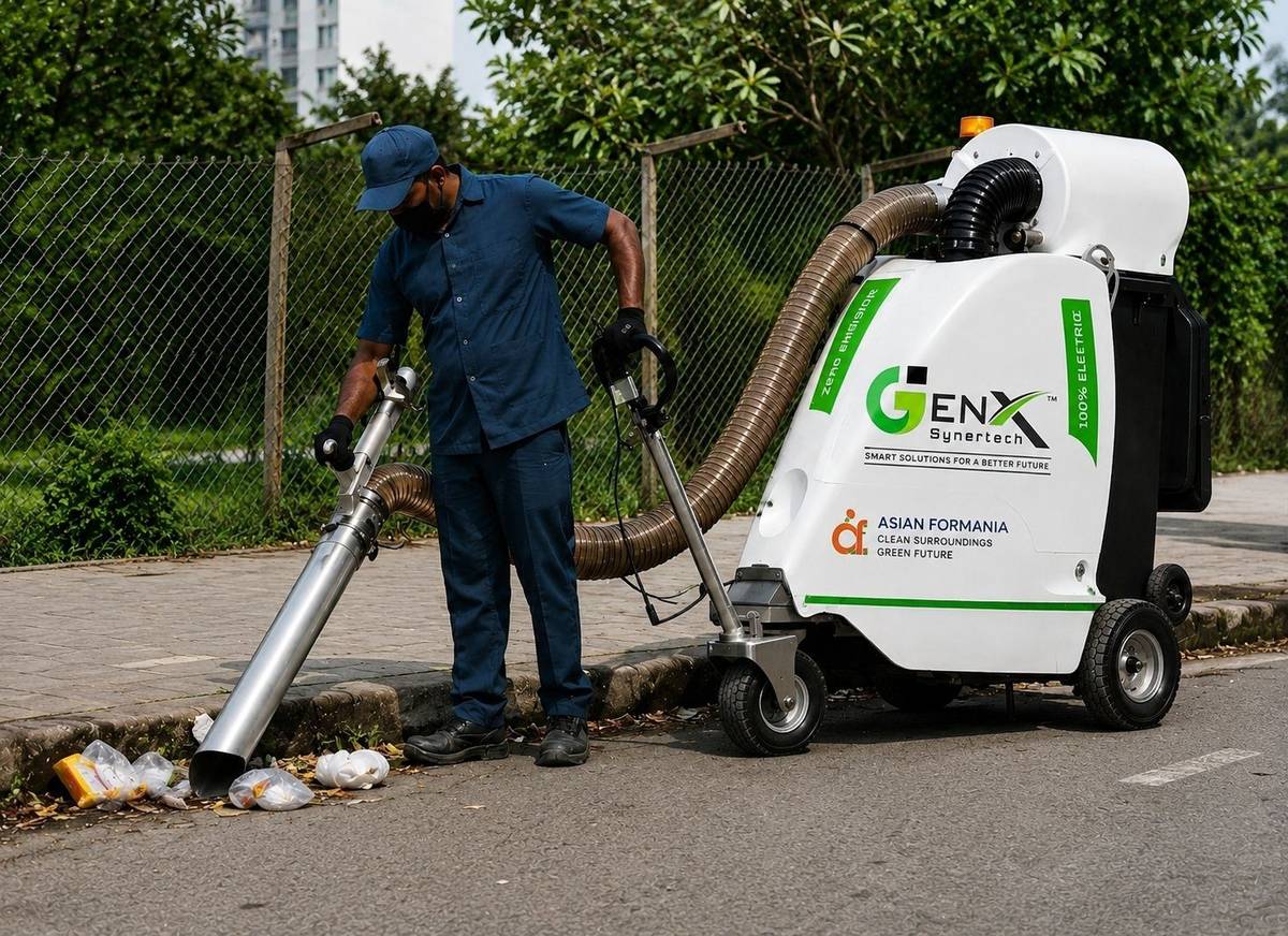 GenX SynerTech litter picker sweeper in use collecting road waste with vacuum hose