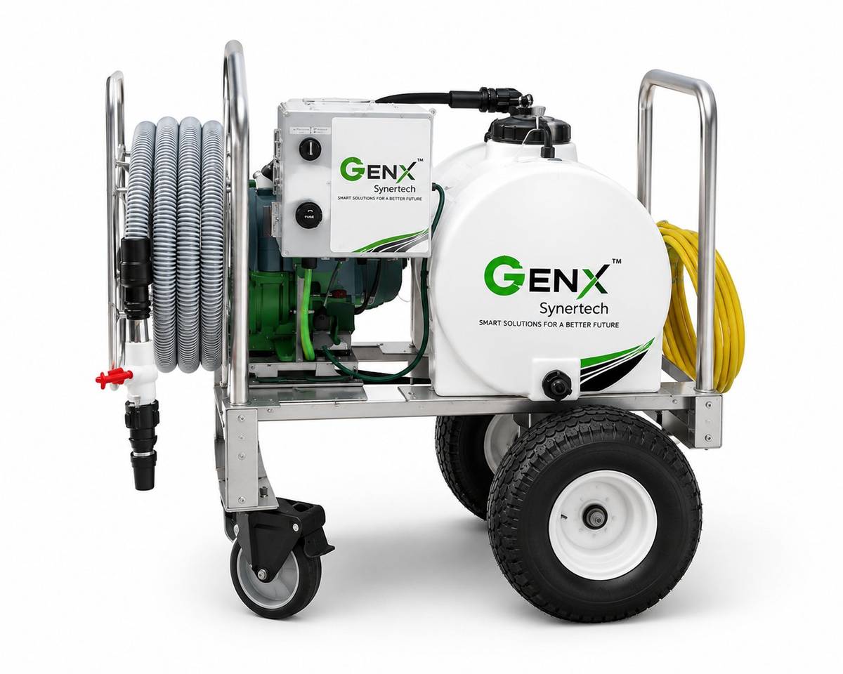 GenX mobile vacuum trolley side view with hose reel and pump system