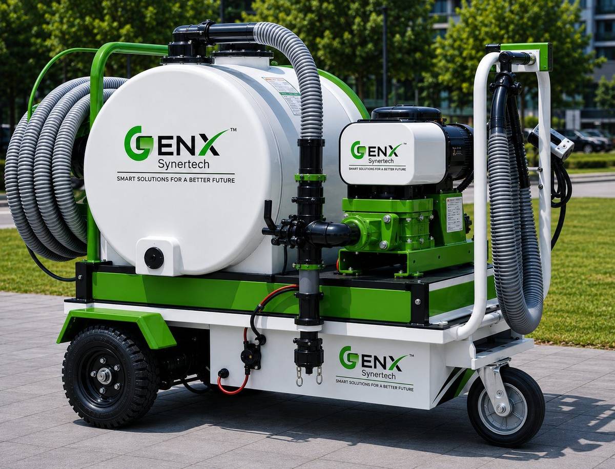 GenX SynerTech mobile sewage evacuation machine with lobe pump and tank on trolley