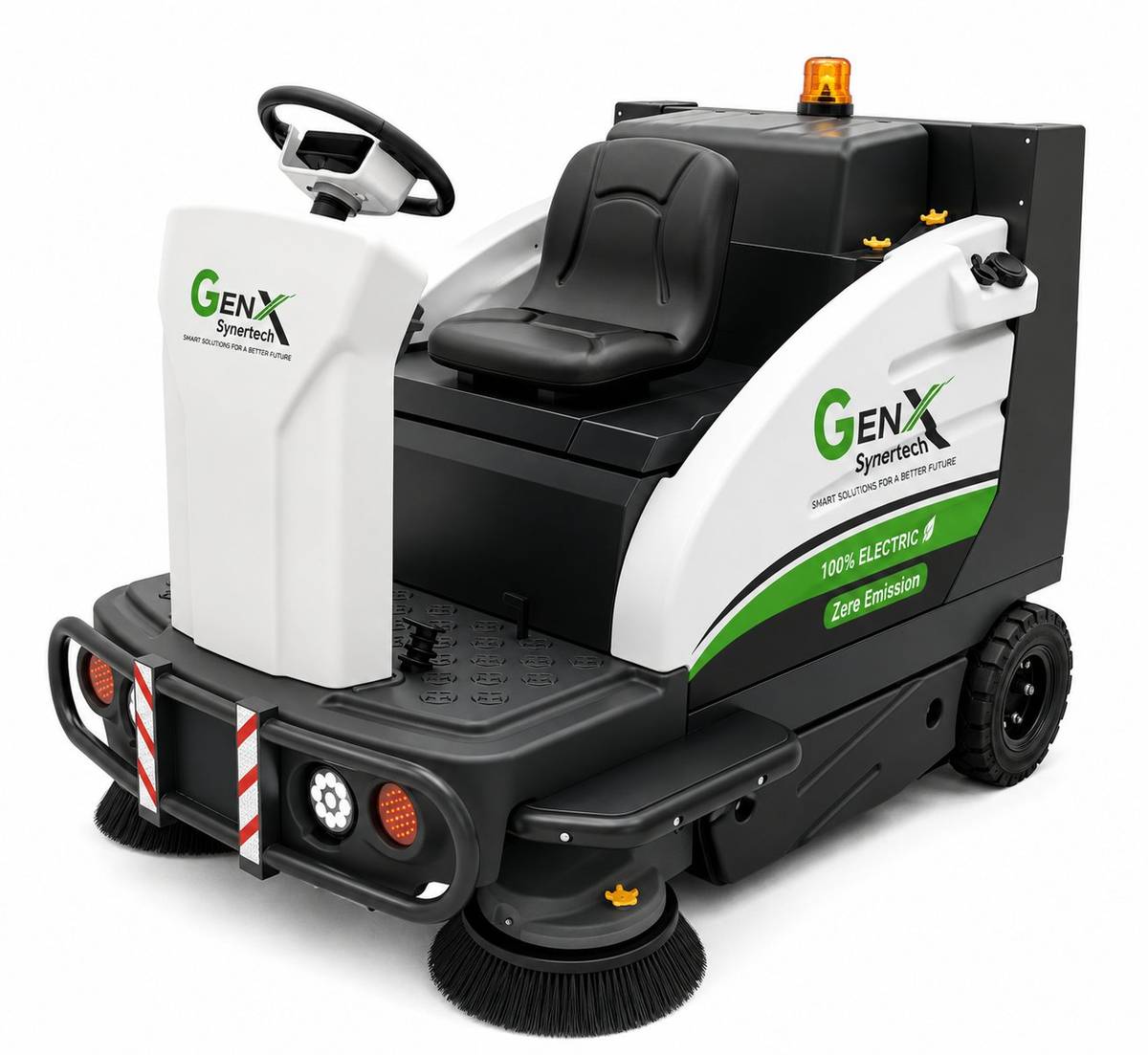 GenX SynerTech 100% electric ride-on sweeper with zero emission branding