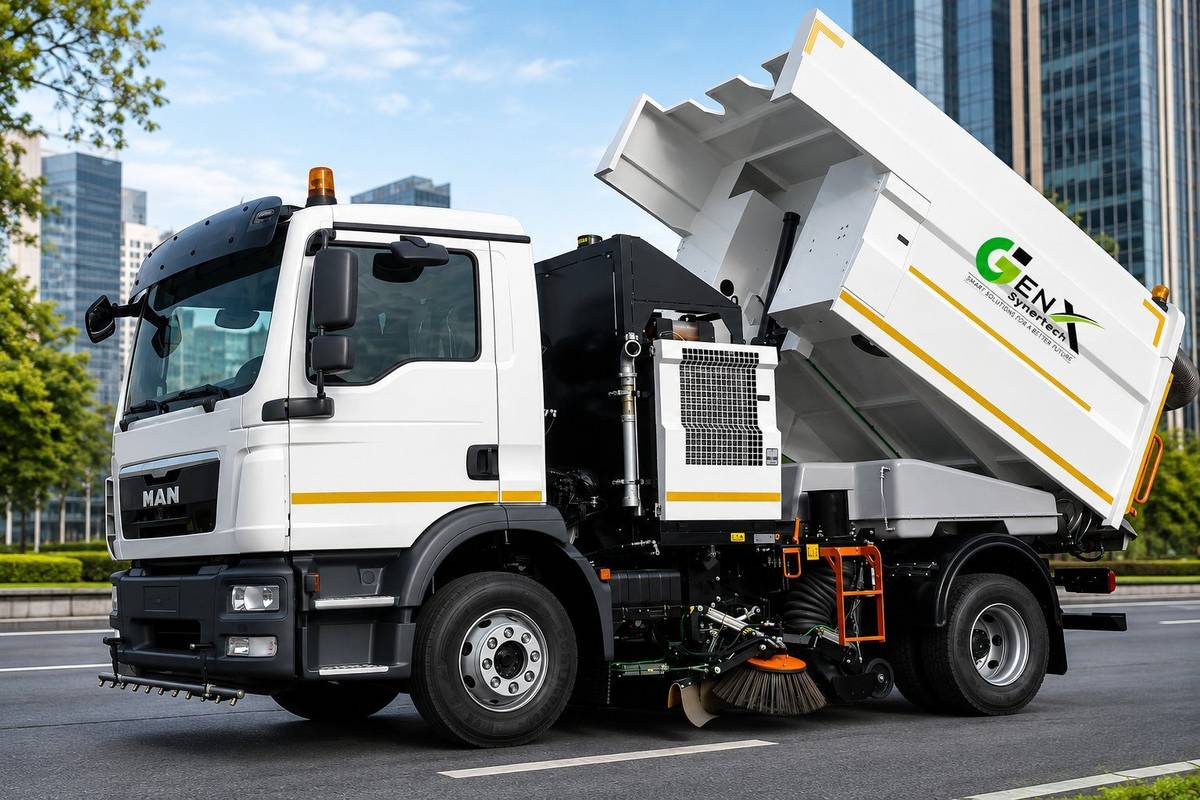 Truck mounted sweeper hopper detail