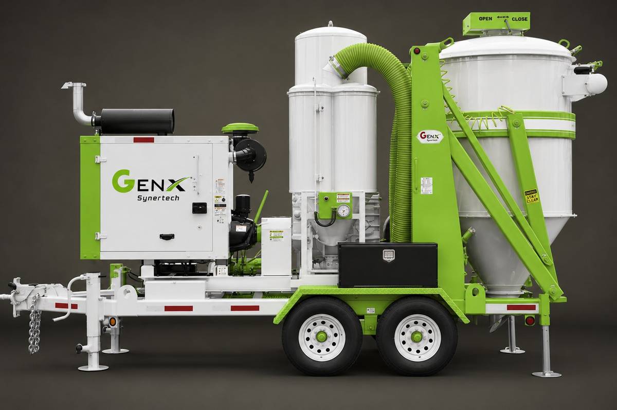 GenX vacuum skid system side profile with blower unit and collection tank